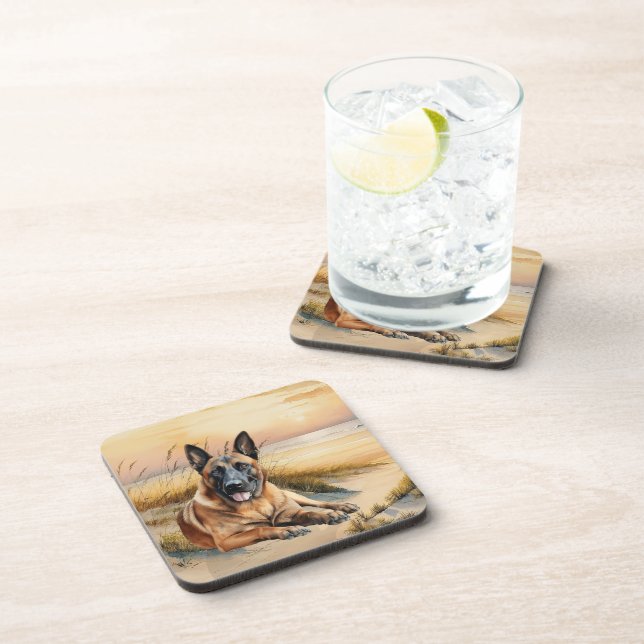 Belgian Malinois Dog Lover Sandy Beach Beverage Coaster (Right Side)