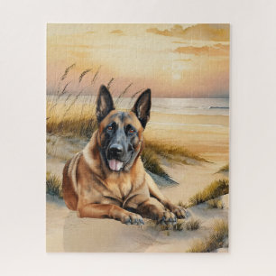 Belgian Malinois Dog Lover Sandy Beach Jigsaw Puzzle