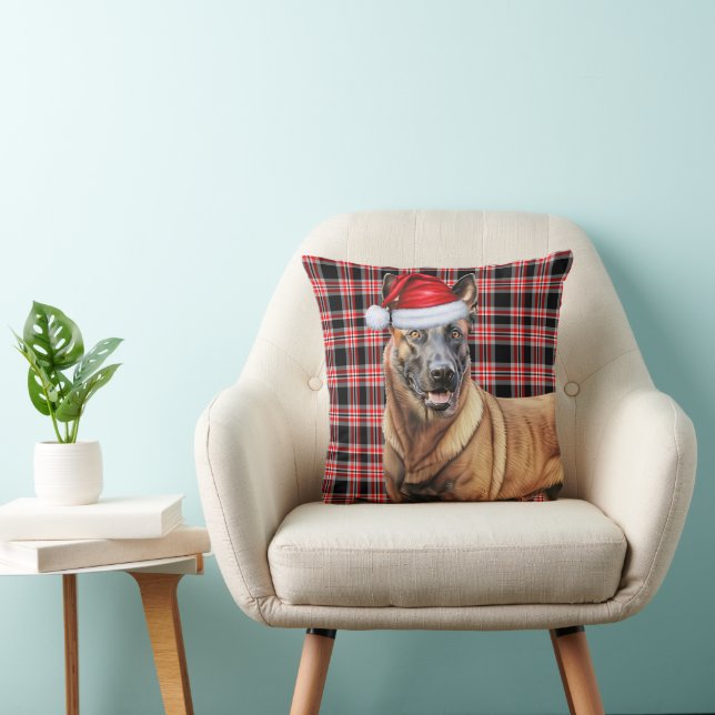 Belgian Malinois Dog Red Holiday Plaid Christmas Throw Pillow (Chair)