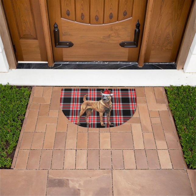 Belgian Malinois Dog Red Seasonal Plaid Holiday Doormat (Outdoor)