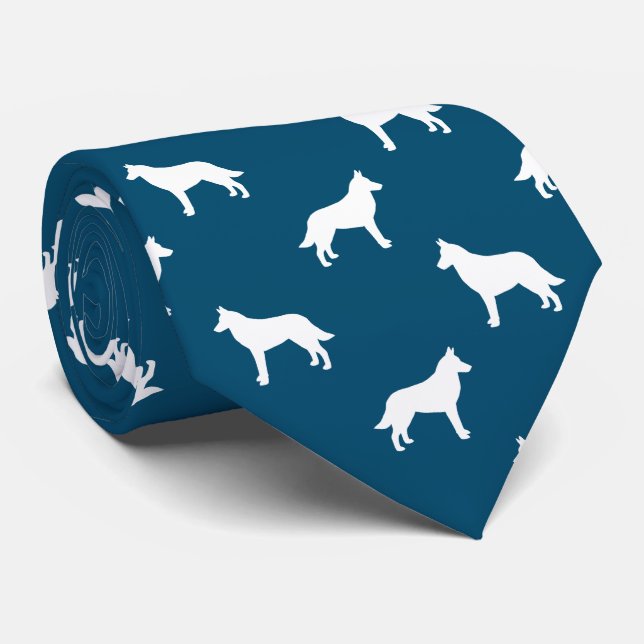 Belgian Malinois Dog Silhouettes Pattern Blue Neck Tie (Rolled)