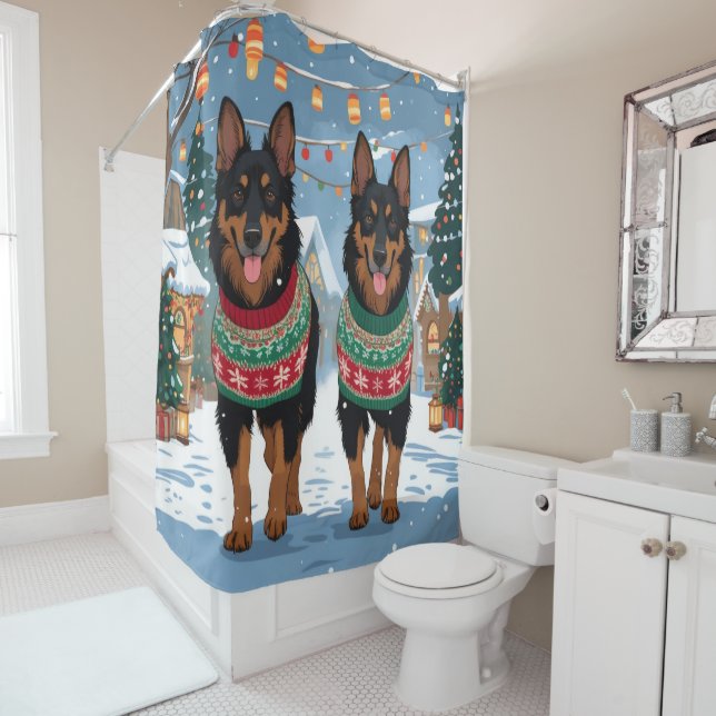 Belgian Malinois Dogs Christmas Snow Holiday  Shower Curtain (In Situ)