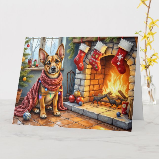 Belgian Malinois Fireplace with Christmas Lights Card (Yellow Flower)