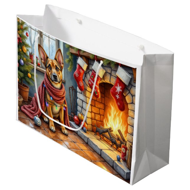 Belgian Malinois Fireplace with Christmas Lights Large Gift Bag (Front Angled)