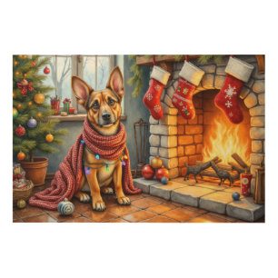 Belgian Malinois Fireplace with Christmas Lights Wood Wall Art