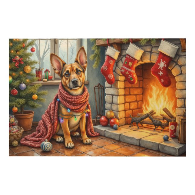 Belgian Malinois Fireplace with Christmas Lights Wood Wall Art (Front)