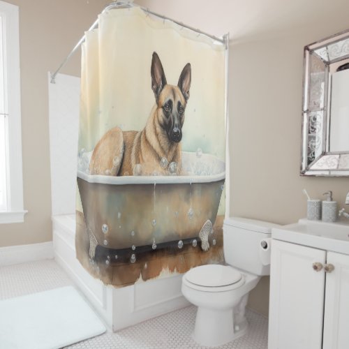 Belgian Malinois In Bathtub Watercolor Dog Art Shower Curtain