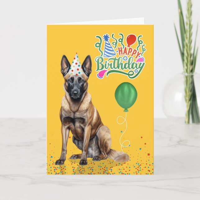 Belgian Malinois in Party Hat on Yellow Birthday Card (Front)