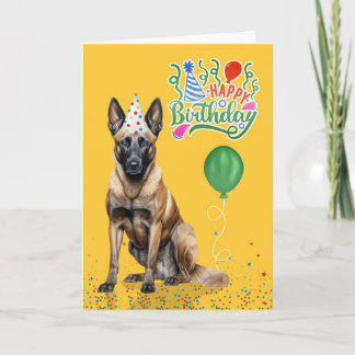Belgian Malinois in Party Hat on Yellow Birthday Card