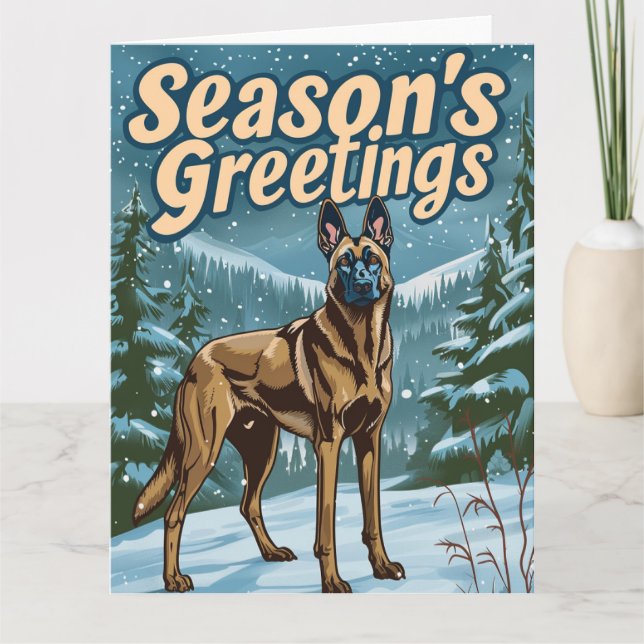 Belgian Malinois in Snow Christmas Card (Front)