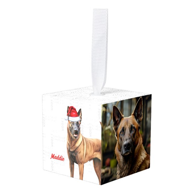 Belgian Malinois Name Two Photo Christmas Holiday Cube Ornament (Front Angled)