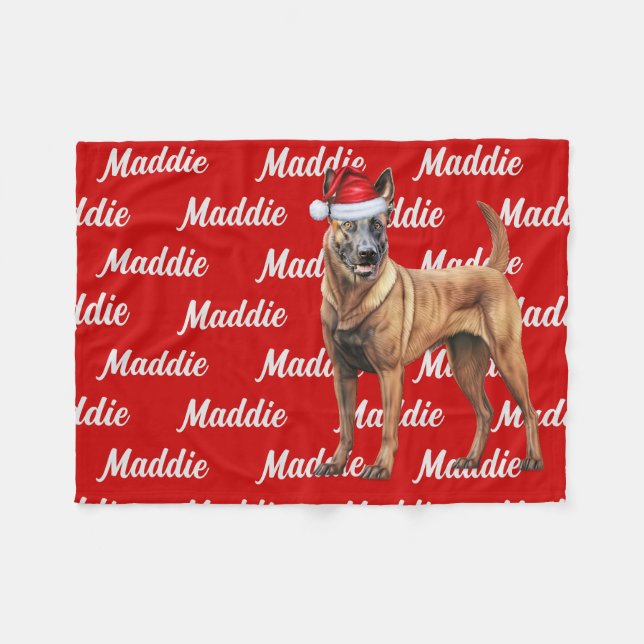 Belgian Malinois on Red with Name Christmas Dog Fleece Blanket (Front (Horizontal))