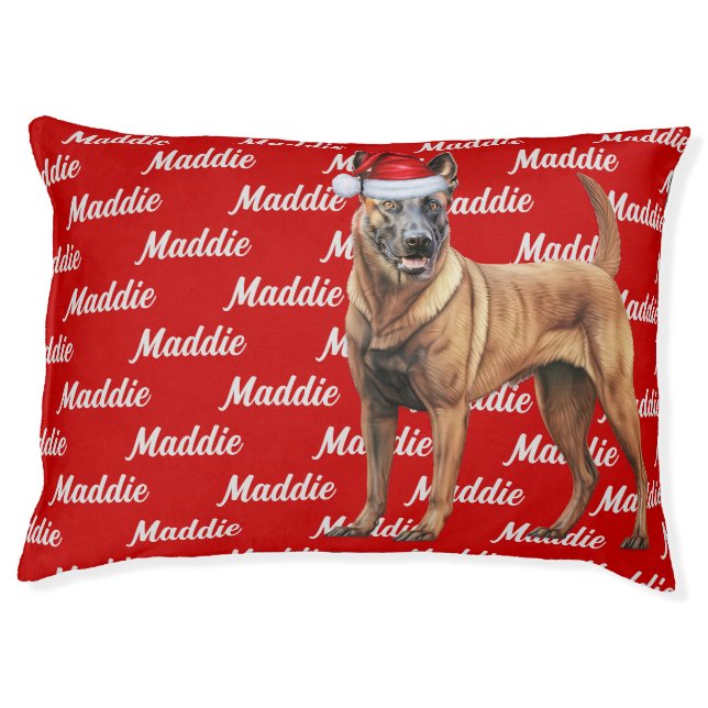 Belgian Malinois on Red with Name Christmas Dog Pet Bed (Front)