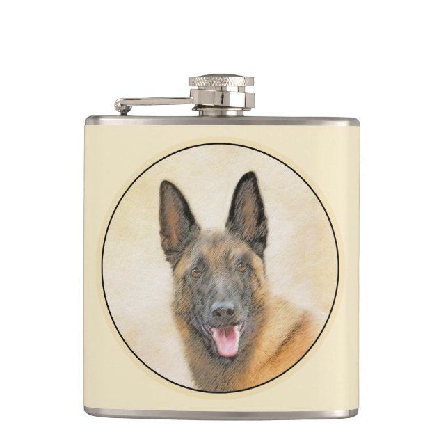 Belgian Malinois Painting - Cute Original Dog Art Flask (Front)