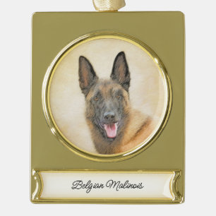 Belgian Malinois Painting - Cute Original Dog Art Gold Plated Banner Ornament