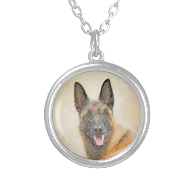 Belgian Malinois Painting - Cute Original Dog Art Silver Plated Necklace (Front)
