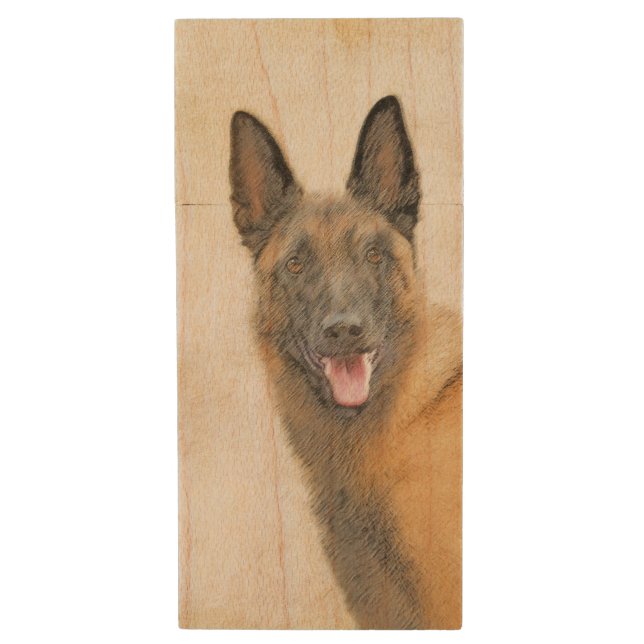 Belgian Malinois Painting - Cute Original Dog Art Wood Flash Drive (Front Vertical)