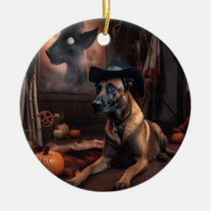 Belgian Malinois Pumpkins Halloween Scary Ceramic Ornament