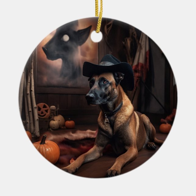 Belgian Malinois Pumpkins Halloween Scary Ceramic Ornament (Front)