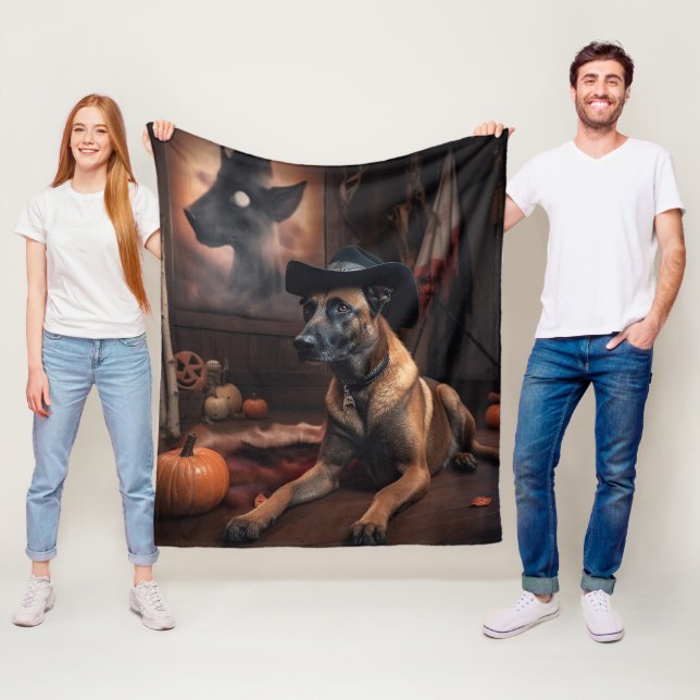 Belgian Malinois Pumpkins Halloween Scary Fleece Blanket (In Situ)