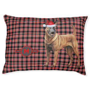 Belgian Malinois Red Holiday Plaid Monogrammed Dog Pet Bed