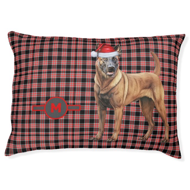Belgian Malinois Red Holiday Plaid Monogrammed Dog Pet Bed (Front)