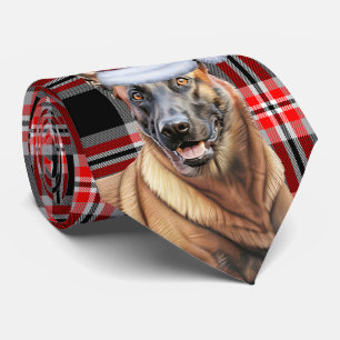 Belgian Malinois Red Plaid Holiday Christmas  Neck Tie