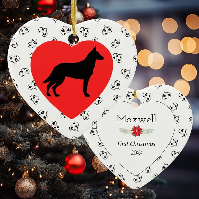 Belgian Malinois Silhouette Hearts Paw Prints Ceramic Ornament (Creator Uploaded)