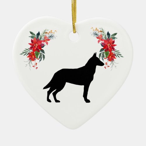 Belgian Malinois Silhouette with Name Poinsettia Ceramic Ornament