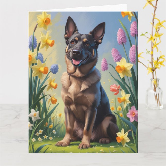 Belgian Malinois Spring Flowers Painting Card (Yellow Flower)