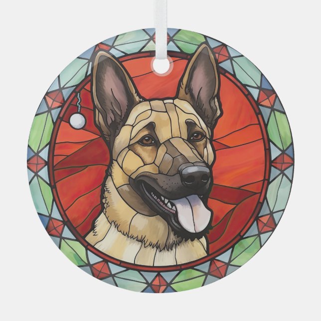Belgian Malinois Stained Glass Christmas Glass Ornament (Front)