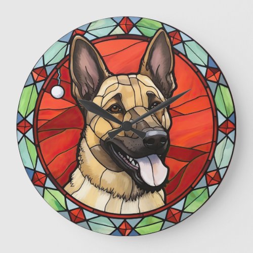 Belgian Malinois Stained Glass Christmas Large Clock