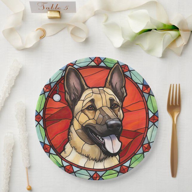 Belgian Malinois Stained Glass Christmas Paper Plates (Wedding)