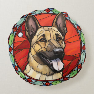 Belgian Malinois Stained Glass Christmas Round Pillow