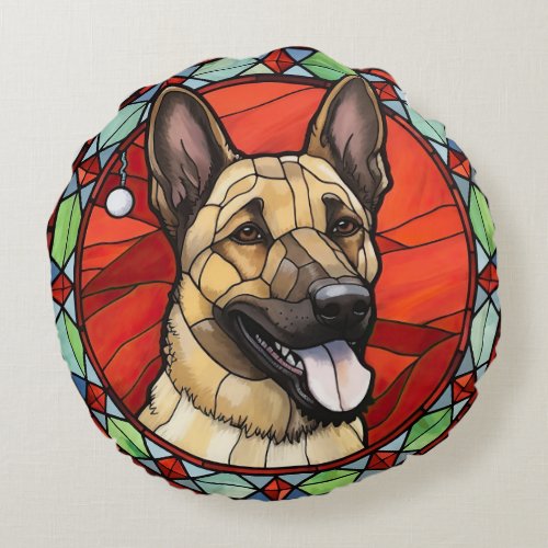 Belgian Malinois Stained Glass Christmas Round Pillow