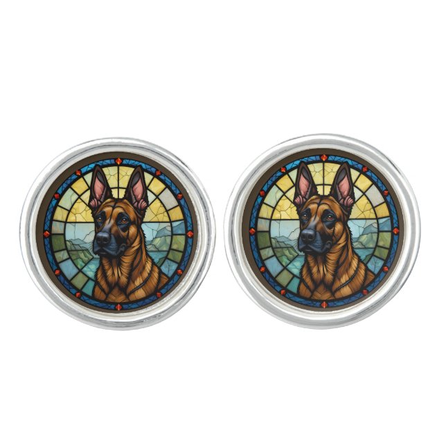Belgian Malinois Stained Glass Style Illustration Cufflinks (Front)