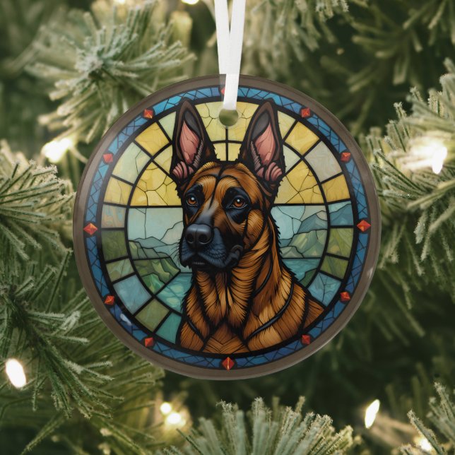 Belgian Malinois Stained Glass Style Illustration Ornament (Insitu)