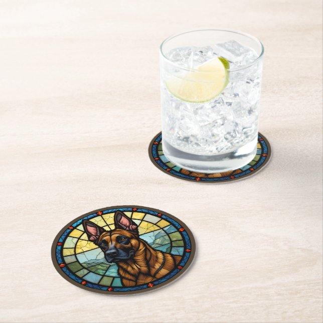 Belgian Malinois Stained Glass Style Illustration Round Paper Coaster (Insitu)