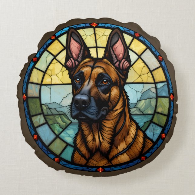 Belgian Malinois Stained Glass Style Illustration Round Pillow (Front)