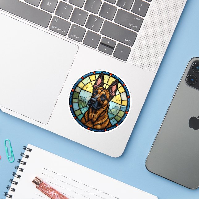 Belgian Malinois Stained Glass Style Illustration Sticker (Laptop w/ iPhone)