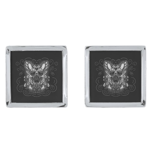 Belgian Malinois - Sugar Skull- Grayscale Cufflinks (Front)