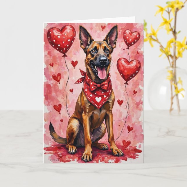 Belgian Malinois Valentine’s Day Dog with Hearts Card (Yellow Flower)