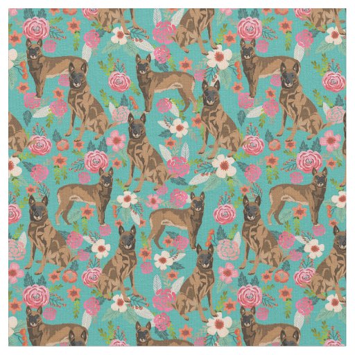 Belgian Malinois vintage florals turquoise Fabric