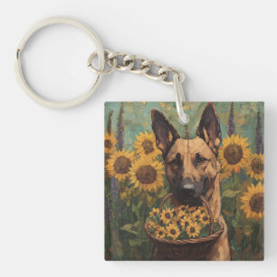 Belgian Malinois with a Basket of Sunflowers Keychain