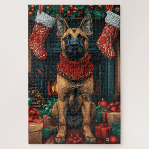 Belgian Malinois With Christmas Gifts Fireplace Jigsaw Puzzle