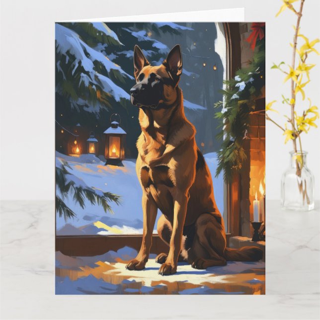 Belgian Malinois With Christmas Lights Holiday  Card (Yellow Flower)