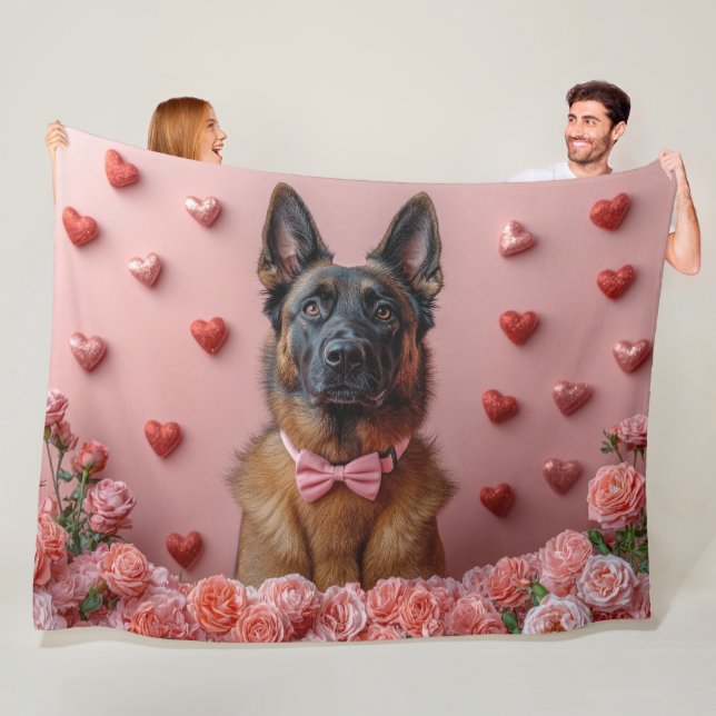 Belgian Malinois with Roses - Valentine's Day  Fleece Blanket (In Situ)