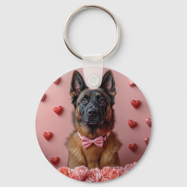 Belgian Malinois with Roses - Valentine's Day  Keychain (Front)