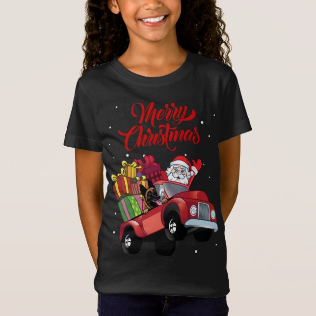 Belgian Malinois With Santa Claus In Red Truck Dog T-Shirt (Front)