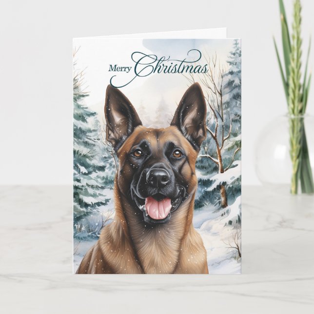 Belgian Malinois Woodland Forest Merry Christmas Holiday Card (Front)